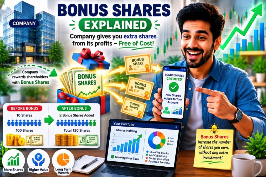 Illustration explaining bonus shares in the stock market, showing a company issuing additional free shares to an existing shareholder, increasing the total number of shares owned without any extra investment.