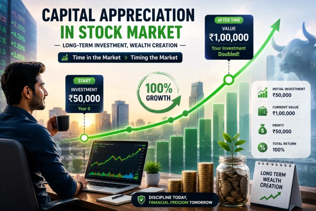 Illustration of capital appreciation in the stock market showing a long-term investment growing from ₹50,000 to ₹1,00,000 with an upward graph, wealth creation, and 100% investment growth