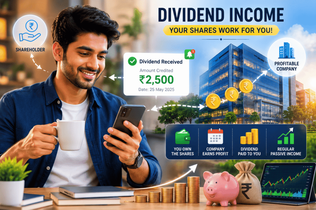 Illustration of a shareholder receiving dividend income from a profitable company, showing regular cash payouts, passive income, and the benefits of long-term stock ownership.