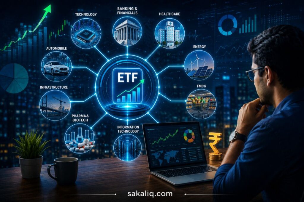 Illustration of ETF investment showing a diversified portfolio connected to multiple sectors including technology, banking, healthcare, energy, automobile, FMCG, infrastructure, and pharma, highlighting diversification and long-term wealth creation.