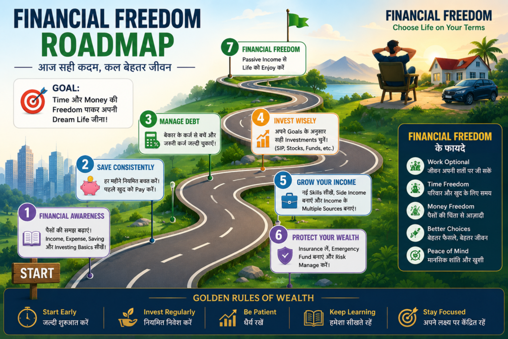 Financial Freedom Roadmap showing how investing, saving and compounding help achieve financial freedom