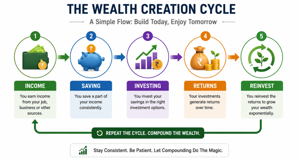 Income to saving, investing, returns, and reinvestment flowchart illustrating the wealth creation cycle and compound growth strategy