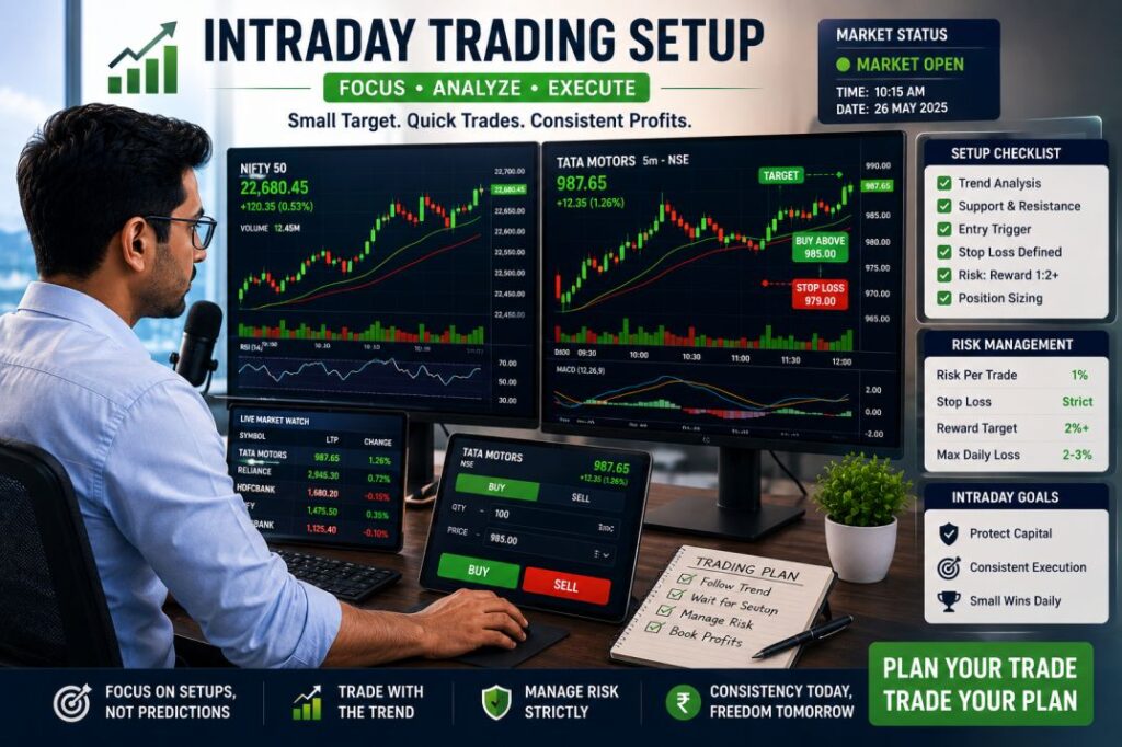 Professional intraday trader analyzing live stock market charts on multiple monitors, tracking real-time price movements, technical indicators, and short-term trading opportunities.