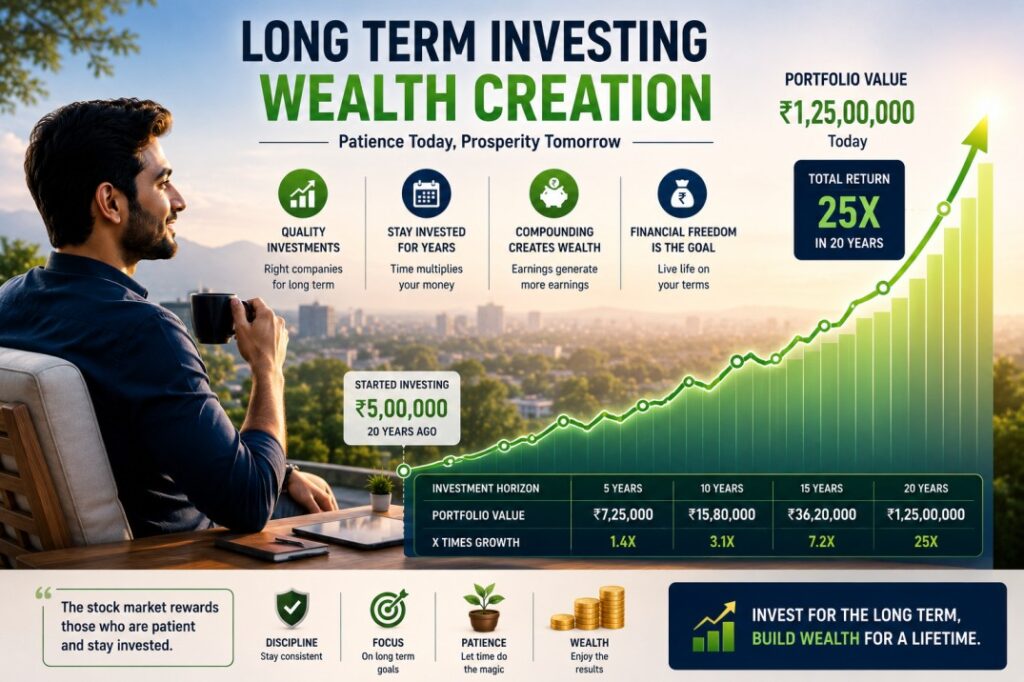 Illustration of long-term stock investing showing an investor holding quality shares for years, a steadily growing portfolio, compound wealth creation, and upward market growth.