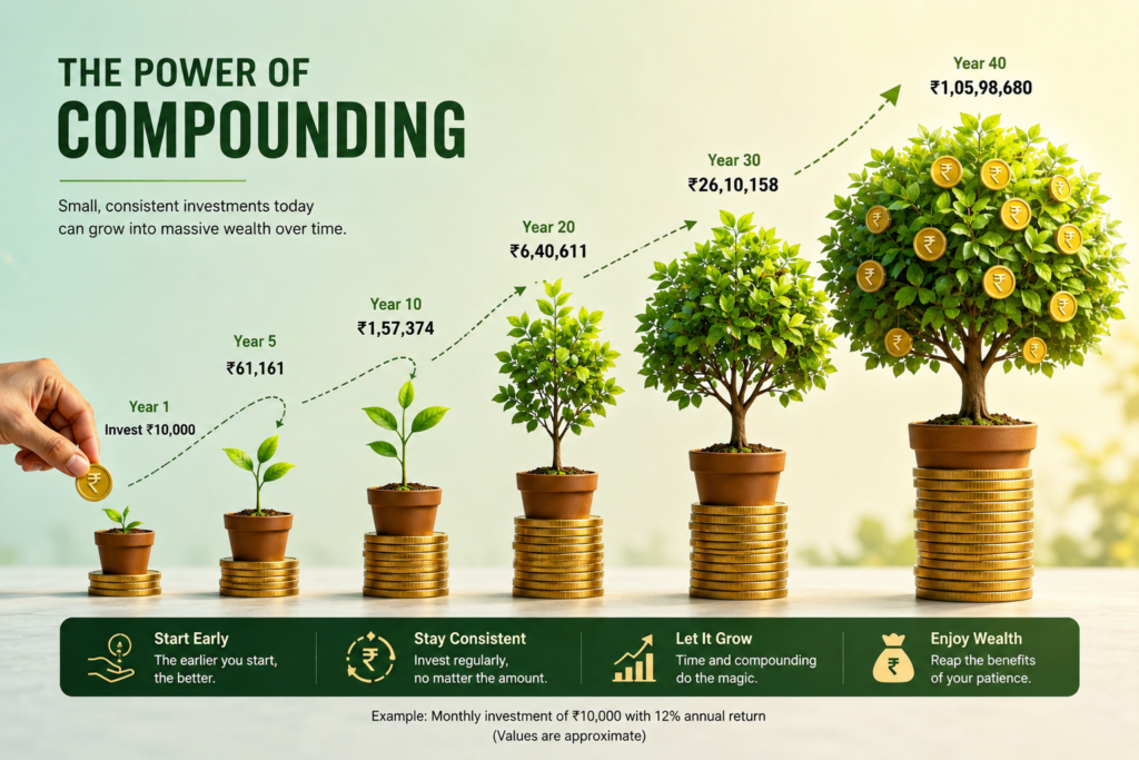 Money tree growth infographic illustrating the power of compound interest, long-term investing, and wealth creation over time