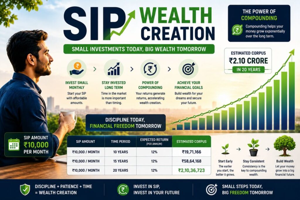 Illustration of SIP wealth creation showing monthly SIP investments growing into a large investment corpus through the power of compounding and long-term investing.