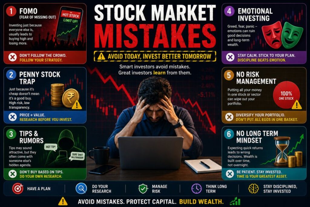 Stock market mistakes infographic highlighting common investing errors such as FOMO, penny stocks, stock tips, rumors, emotional investing, and poor risk management with warning symbols and financial illustrations.