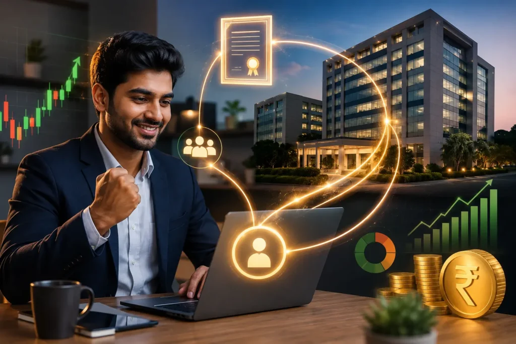 Indian investor buying company shares online and becoming a shareholder, illustrating stock ownership, equity investment, and long-term wealth creation through the Indian stock market.