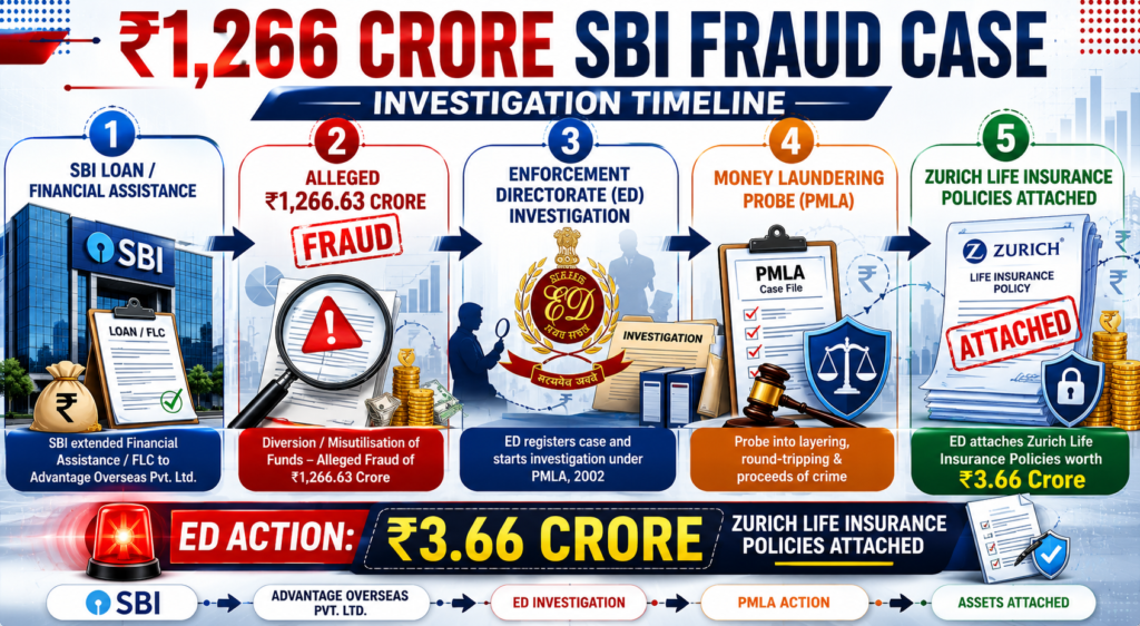SBI ₹1,266.63 crore alleged fraud investigation timeline showing ED probe, PMLA action, and ₹3.66 crore Zurich Life Insurance policies attachment infographic.