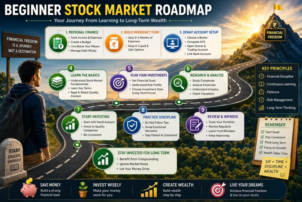 Beginner stock market roadmap infographic illustrating a step-by-step financial journey from personal finance and emergency fund creation to Demat account setup, investing basics, and long-term wealth creation.