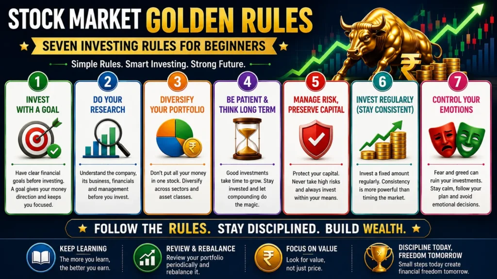Stock Market Golden Rules infographic for beginners illustrating seven essential investing principles including goal-based investing, research, diversification, patience, risk management, regular investing, and emotional discipline for long-term wealth creation.