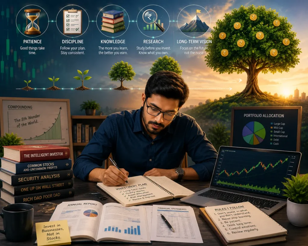 Illustration of a disciplined stock market investor studying financial reports, stock charts, and investment books with patience, research, and a long-term vision, symbolizing successful wealth creation through consistent investing.