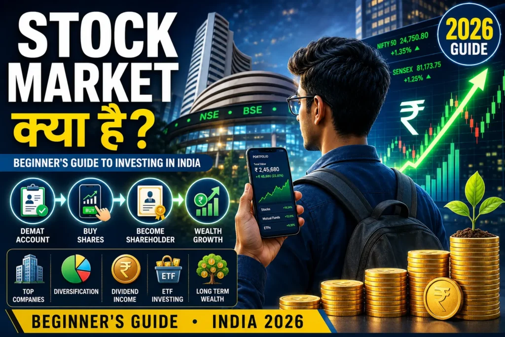 Featured illustration explaining what the stock market is for beginners in India, showing a young investor using a Demat account to buy company shares, become a shareholder, and build long-term wealth through stock market investing.