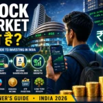 Featured illustration explaining what the stock market is for beginners in India, showing a young investor using a Demat account to buy company shares, become a shareholder, and build long-term wealth through stock market investing.
